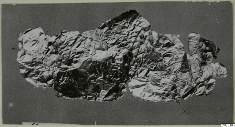 Crumpled thin metal sheet, torn into several joined pieces, from Idalion