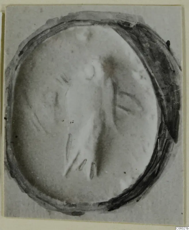 Oval seal or gem, close up, with a carved design of an upright central motif and curved lines