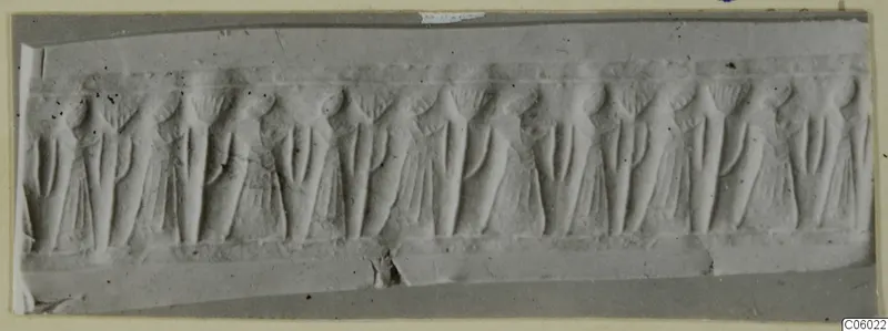 Seal impression with a continuous row of upright figures carved in shallow relief