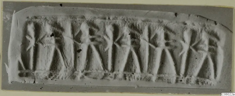 Seal impression showing a row of stylised standing figures in low relief.