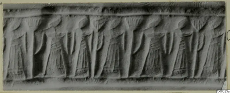 Carved seal with a row of standing figures in relief along a horizontal band.