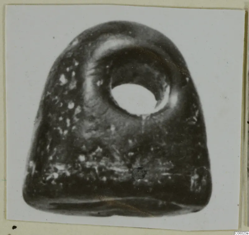 Dark polished stone object with a large perforation near its top, a glyptic find