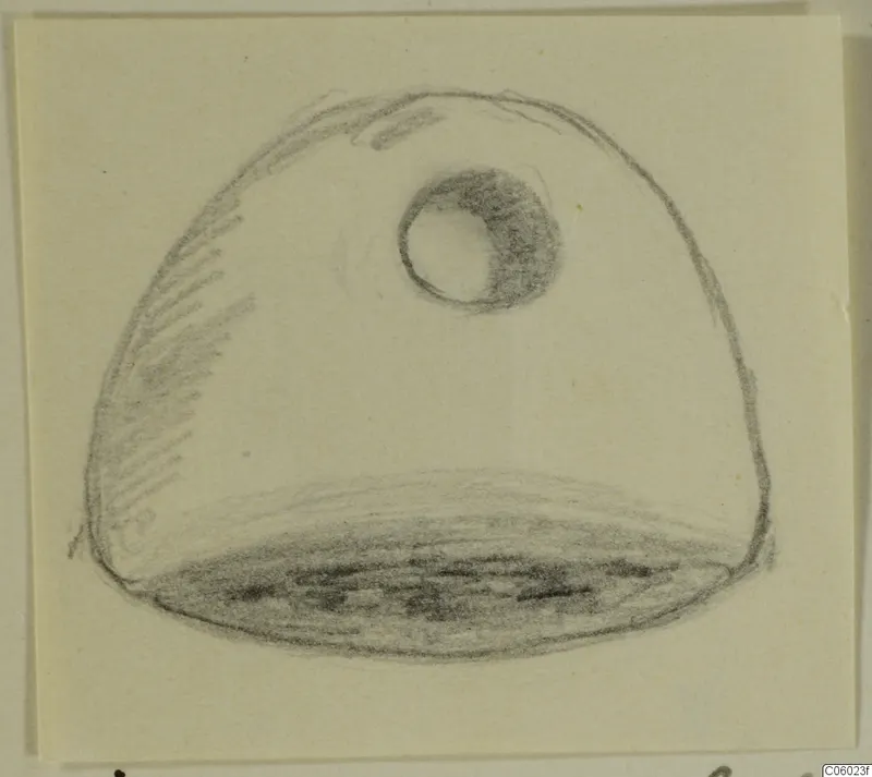 Pencil sketch of a glyptic find (i.643), dome-shaped with a round hole near the top