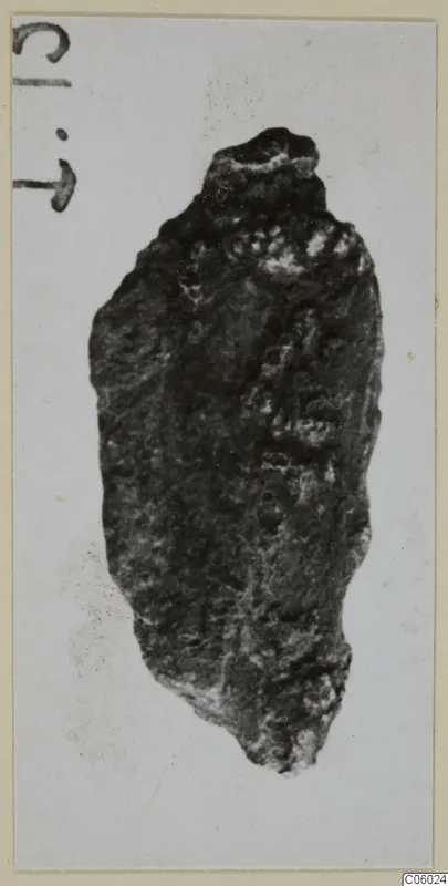 Corroded bronze tool, elongated with a tapering lower end, photographed on a white card