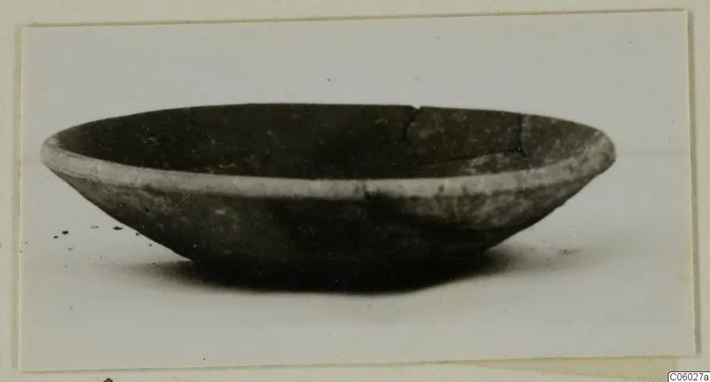 Shallow coarse pottery bowl with a pale rim band and a broken section on the rim.