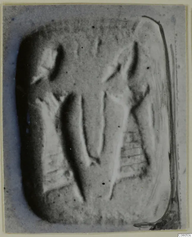 Rectangular glyptic object with raised and incised motifs, photographed flat