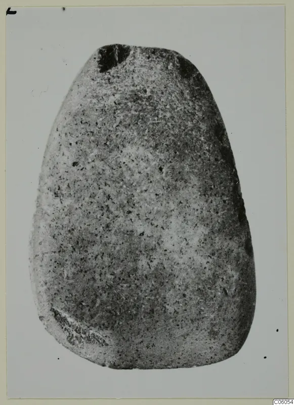 Egg-shaped grey stone object, a small find, photographed against a plain pale background.