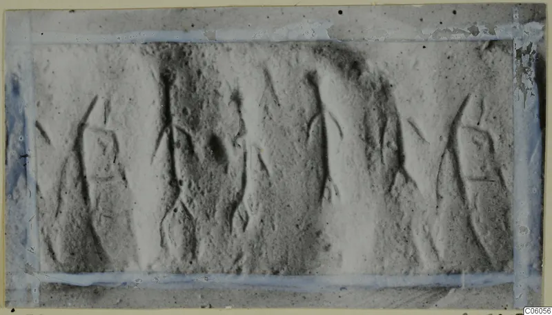 Glyptic: a band of incised standing figures on a seal or seal impression, shown in a rectangular frame