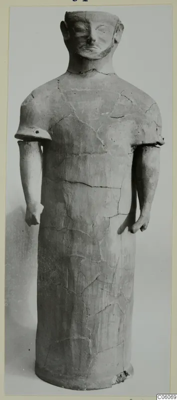 Terracotta statue of a standing figure with a cylindrical body, arms at its sides and a modelled face, Terracotta Proto-Cypriote I