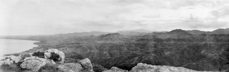 Panoramic view from Vouni across hills and a coastline towards Soli