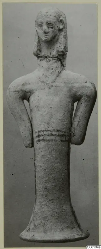Terracotta standing figurine from Ayia Irini with arms bent at the sides and painted bands across the waist