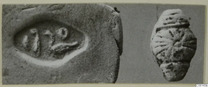 Two views of a glyptic find: an enlarged engraved seal face and a barrel-shaped object with grooved surface