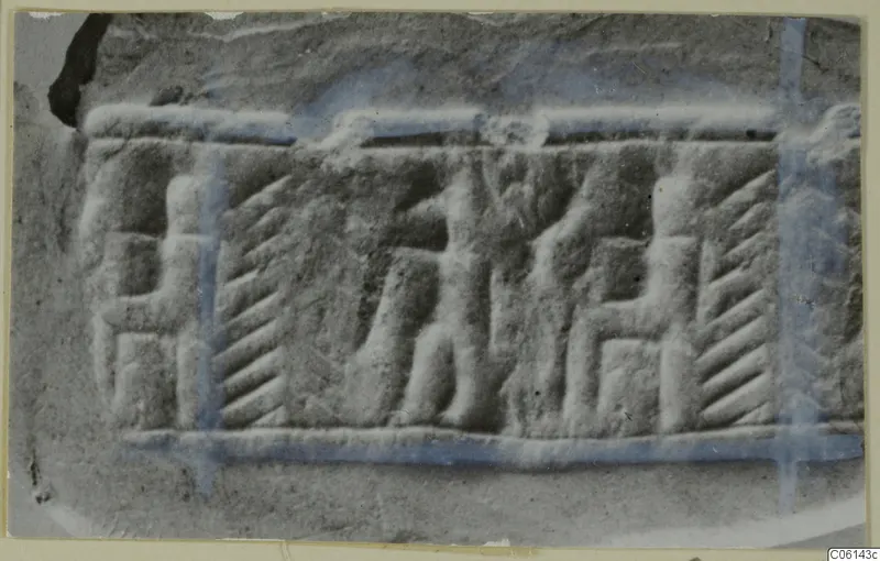 Glyptic design carved in relief on stone, with a standing figure between two seated figures
