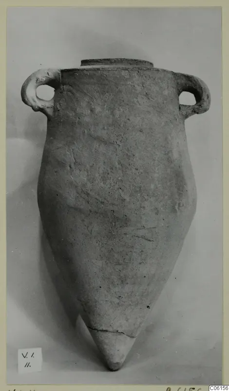 Pottery Plain White VI pithos from Vouni, with two loop handles, a flat rim and a pointed base