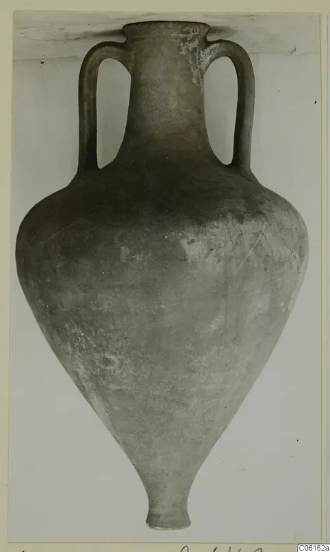 Pottery Plain White VII amphora with two handles, a narrow neck and a pointed base.