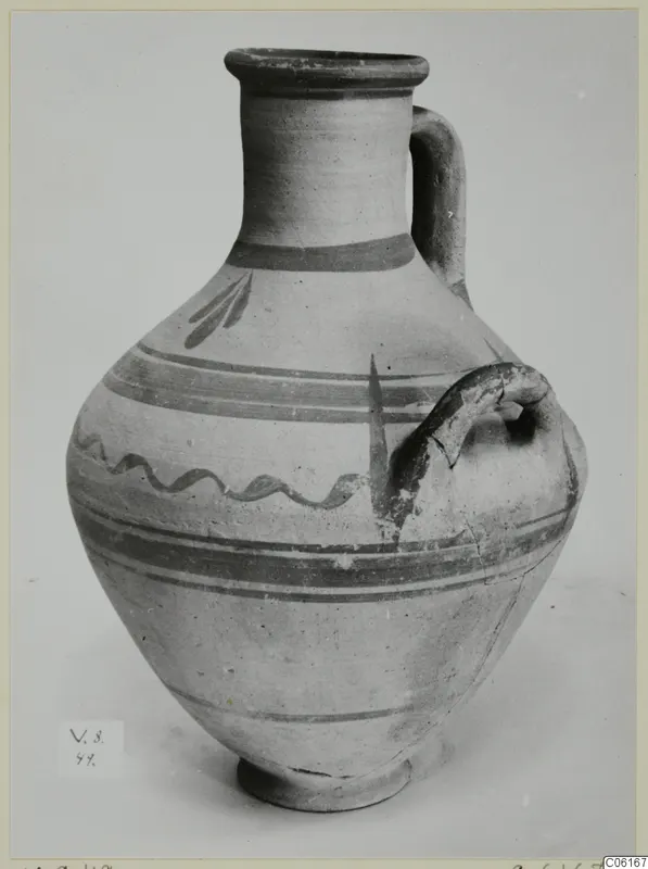 Pottery White Painted VII jug with a strap handle, painted bands and a wavy line, from Vouni