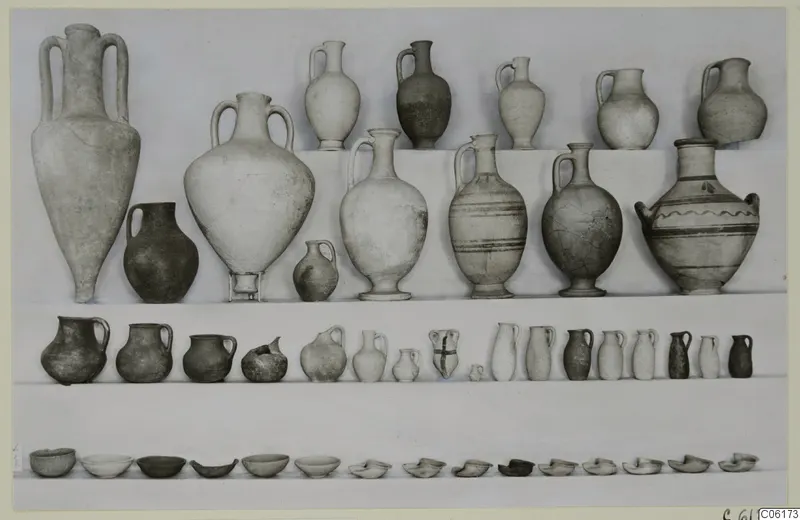 Pottery vessels from Vouni Tomb 8 arranged on three shelves: large amphorae and jugs above, small jugs in the middle, bowls below.