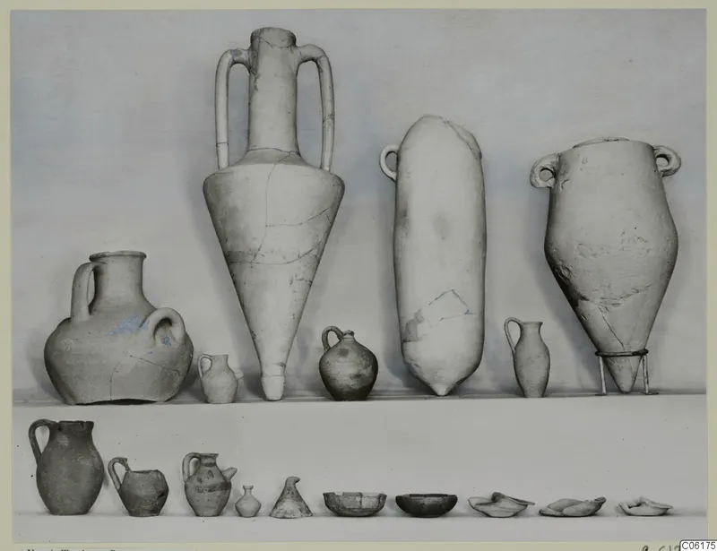 Pottery vessels from Vouni, Tomb 11, set out in two rows on a pale surface against a plain backdrop.