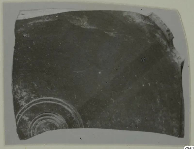 Pottery sherd with concentric ring decoration in its lower left, photographed on a grey card mount