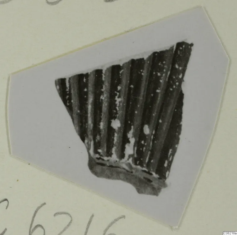 Sherd with vertical ribbing, dark with pale speckles, pasted on a grey card mount