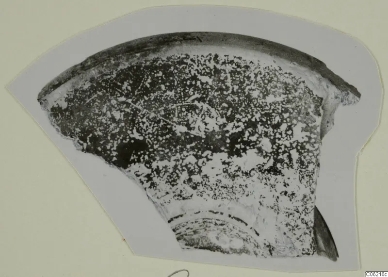 Curved pottery sherd with a dark rim band and speckled surface, photographed on a grey card mount