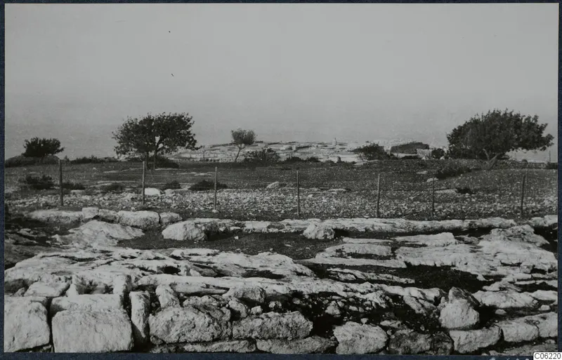Cut stone foundations at Vouni in the foreground, with a wire fence, trees and a village on a low rise beyond
