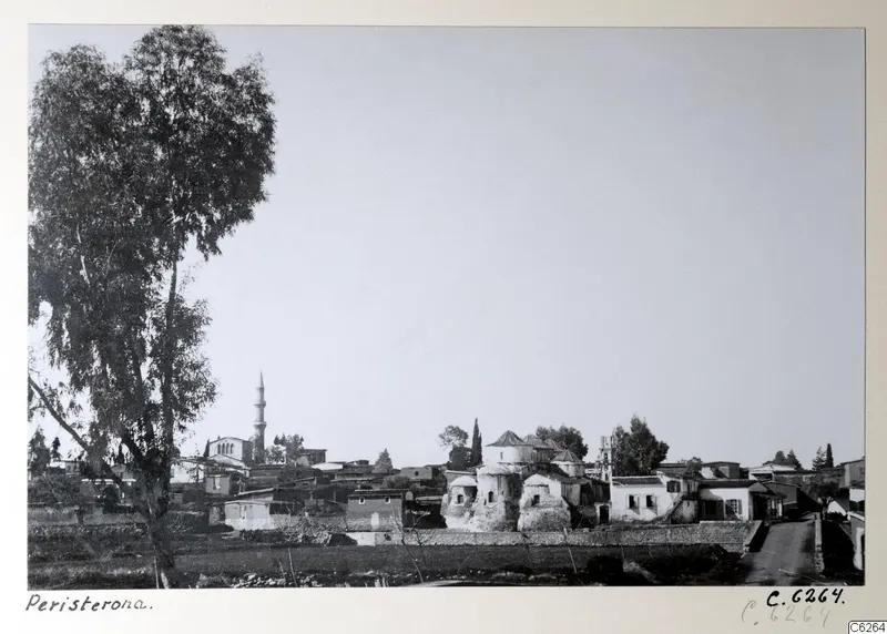 View across fields to the village of Peristerona, with domed buildings, houses and a minaret, and a tall tree at the left edge.