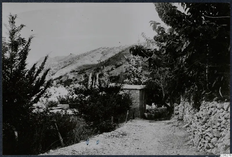 Unpaved track between stone walls leading toward a small stone building and a wooded hillside at Machairas, Troodos.