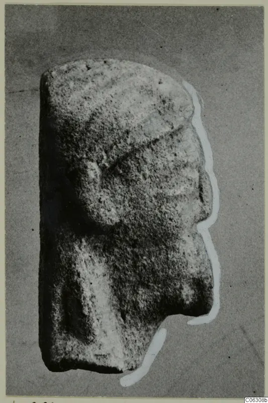 Limestone sculpture of a head in profile facing right, from Kition, photographed against a grey background