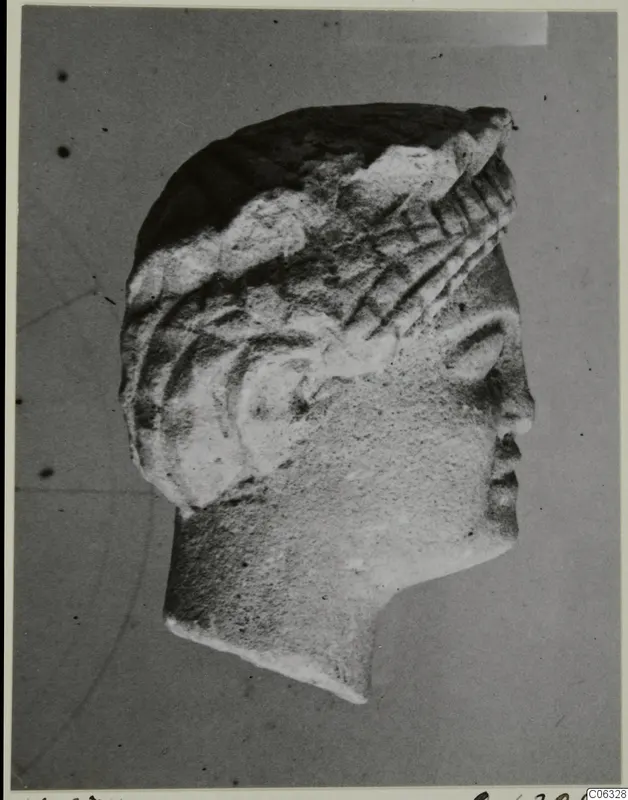 Limestone head of a sculpture in right profile, hair carved in ridged locks, neck broken off flat.