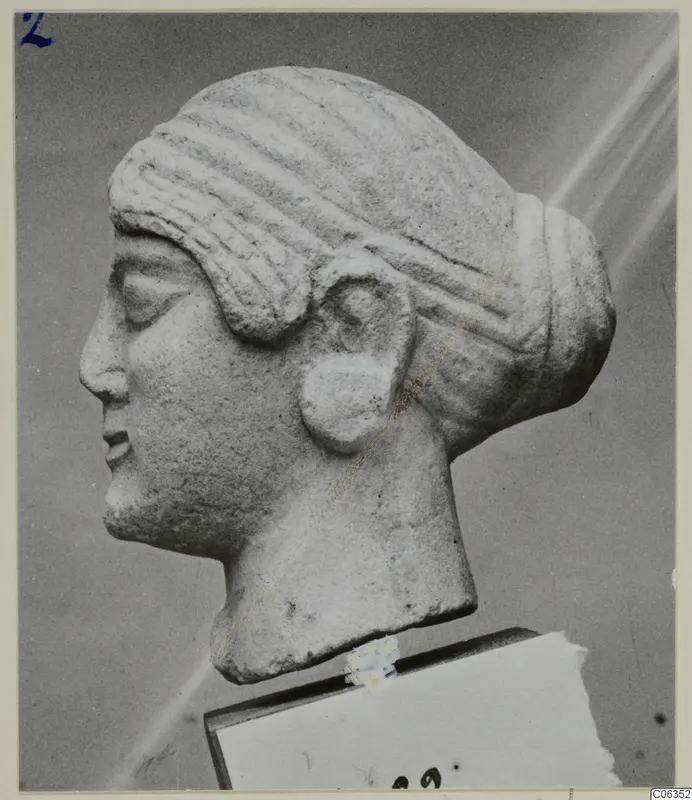 Limestone head in profile from Vouni, with banded hair and a bun, shown on a card base