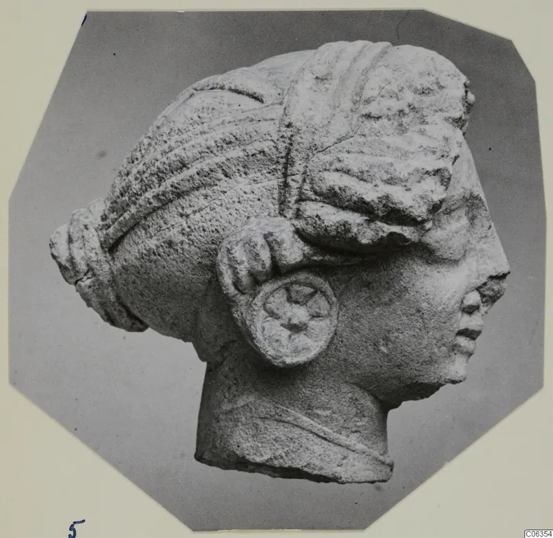 Limestone head fragment from Vouni, shown in right-facing profile against a grey backdrop