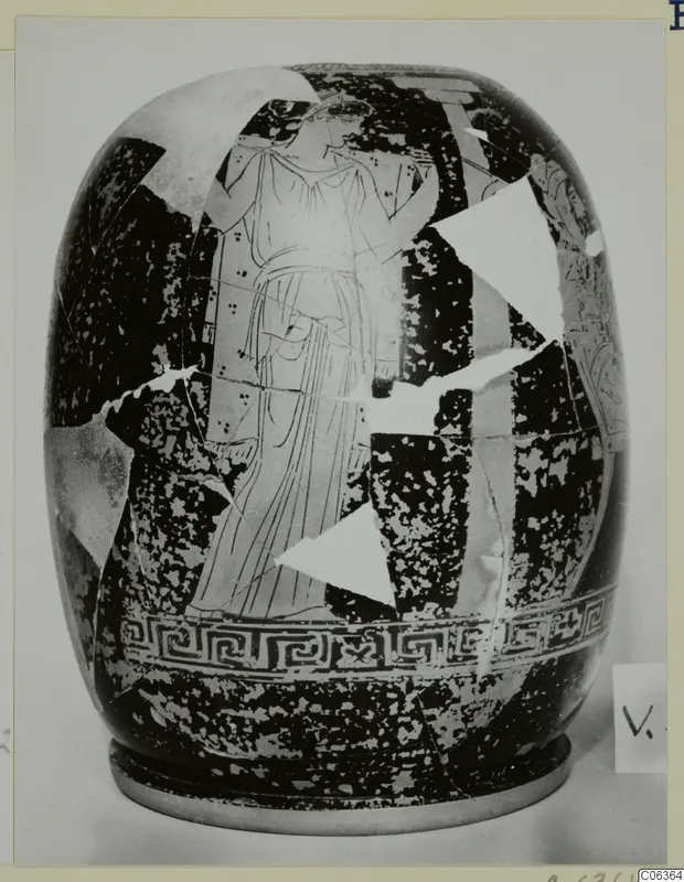Reconstructed Red Figured Ware vessel with a standing figure in a long robe and a band of key pattern below