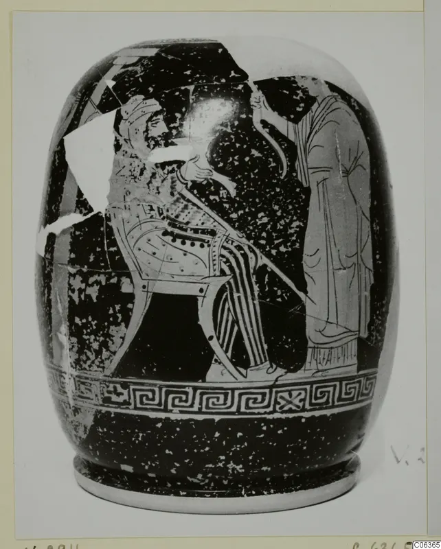 Painted vessel from Vouni with a seated bearded man and a standing draped figure on a dark ground, with a key-pattern border.