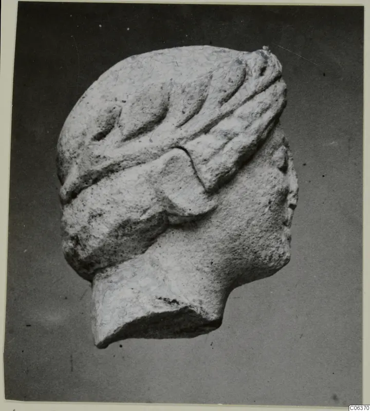 Limestone head fragment from Vouni with a carved leafy band across the top of the head