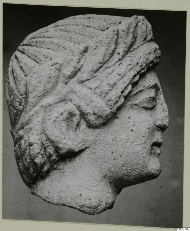 Limestone head in profile facing right, with grooved hair and a rounded curl by the ear, from Vouni