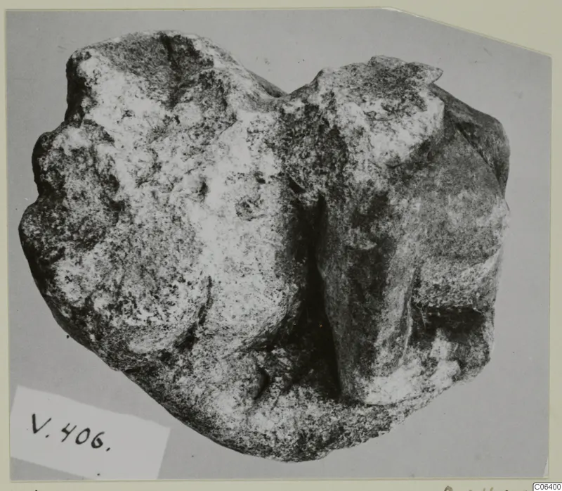 Fragment of a limestone sculpture, Vouni, seen from the front against a grey backdrop