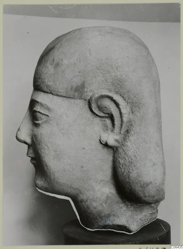 Limestone Neo-Cypriote head in profile, facing left, on a dark cylindrical stand