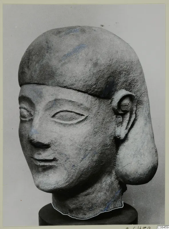 Limestone head sculpture, Neo-Cypriote, shown in three-quarter view