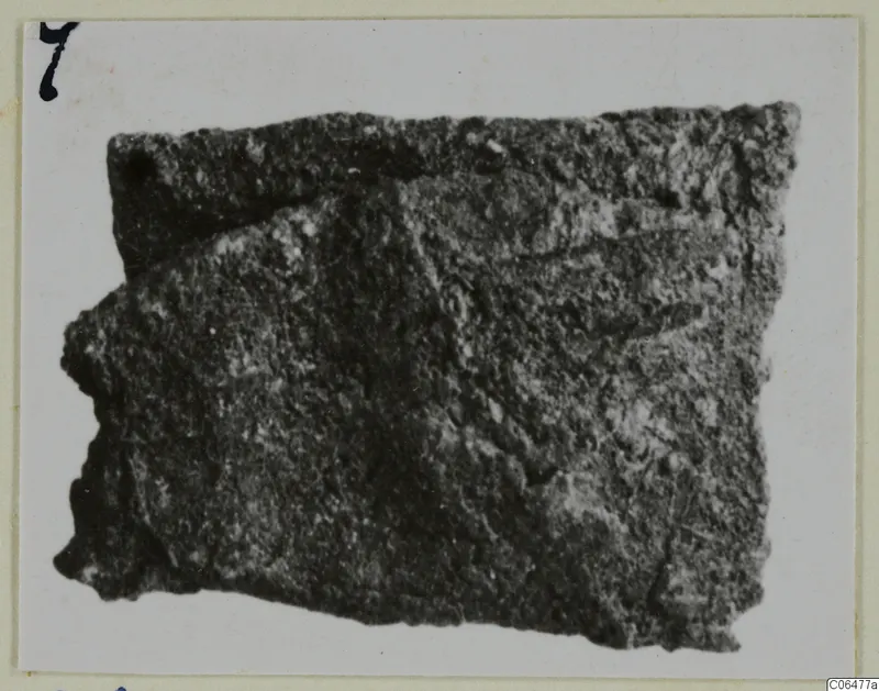 Corroded bronze fragment from Kition, shown as a photograph mounted on card