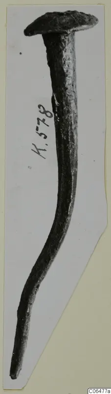 Bronze nail with a flat round head and a long, slightly curved shank, mounted on a card