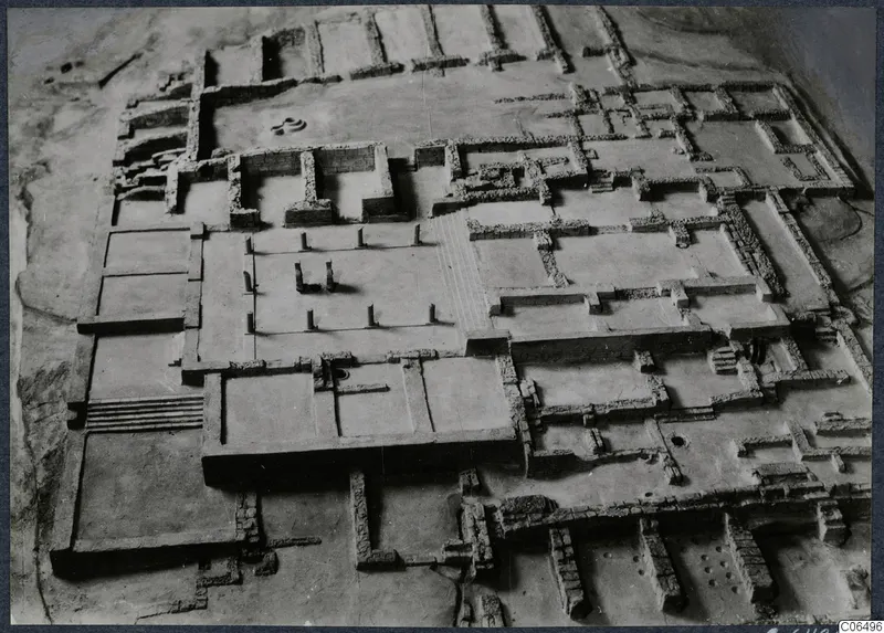 Model of a palace complex at Vouni, showing walls, rows of column bases and a flight of steps