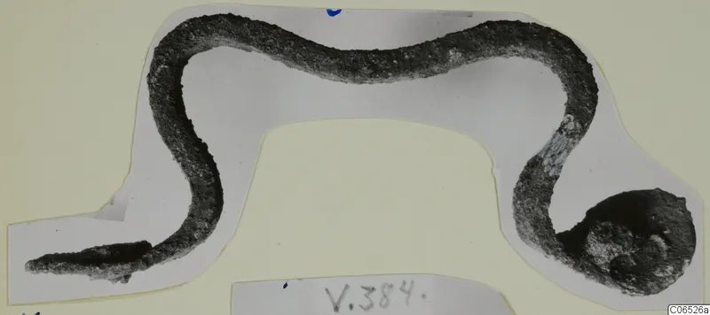Corroded bronze rod bent into a wavy S-shape with a knobbed end, lying on a grey card mount