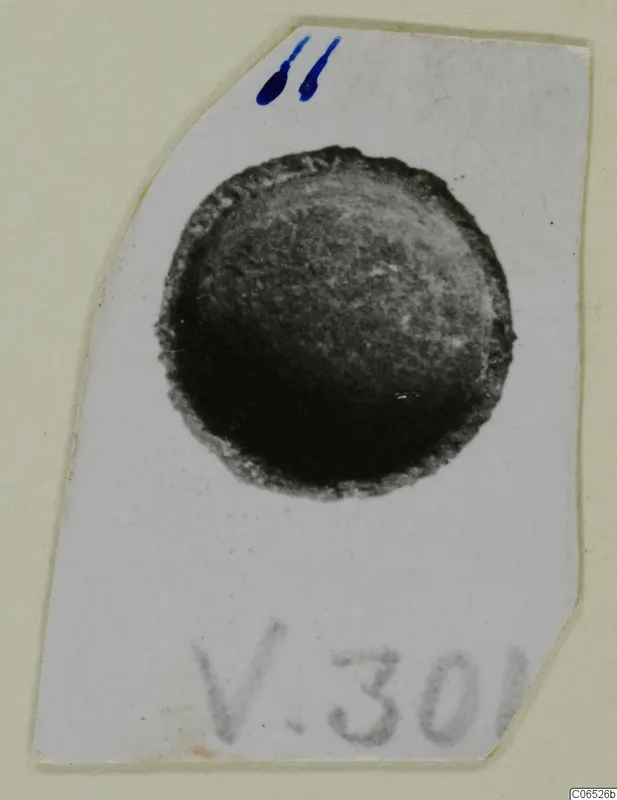 Small round find shown in a photograph mounted on a pale card, with a handwritten label and blue ink mark