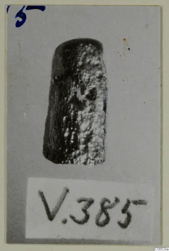 Small cylindrical metal object from Vouni, shown on a card with a number label
