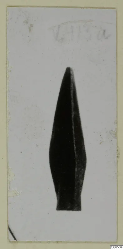 Arrowhead from Vouni, shown upright against a pale background on a card mount.