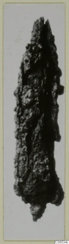 Heavily corroded iron weapon with a pointed upper end, photographed on a card mount