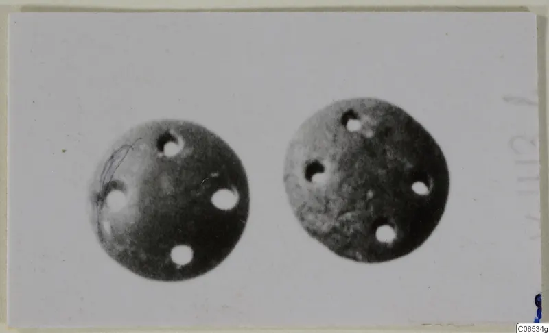 Two round stone objects, each pierced with several holes, shown side by side on a pale card