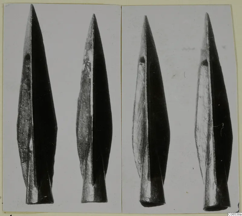 Four metal spearheads shown upright in two photographs mounted side by side on a card