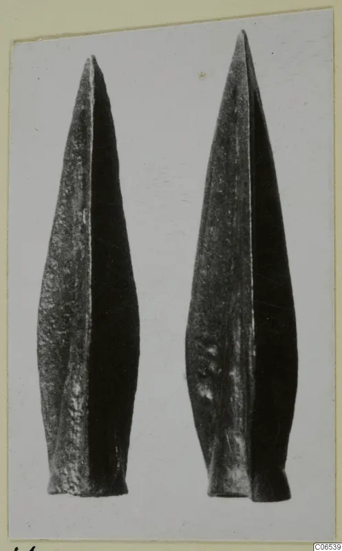 Two long, pointed metal blades with tapering tips, shown side by side against a pale background.